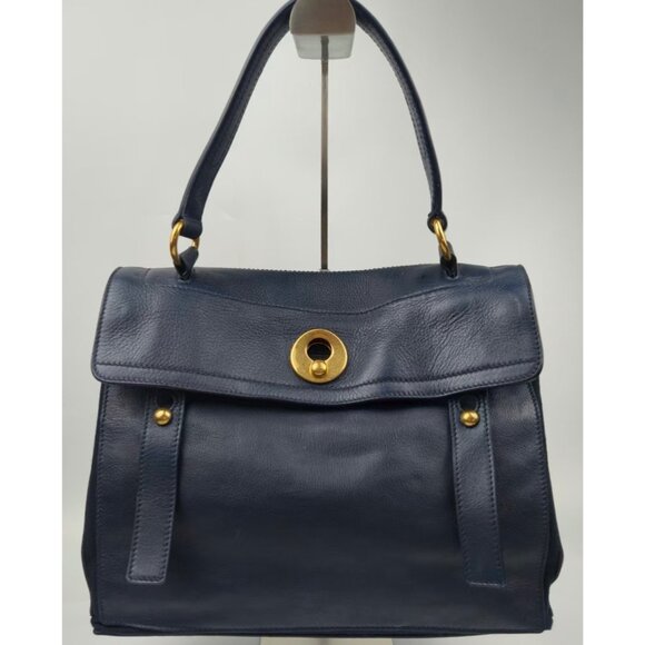 Pre-owned Yves Saint Laurent Calfskin Canvas Medium Muse Two Navy - Picture 1 of 10